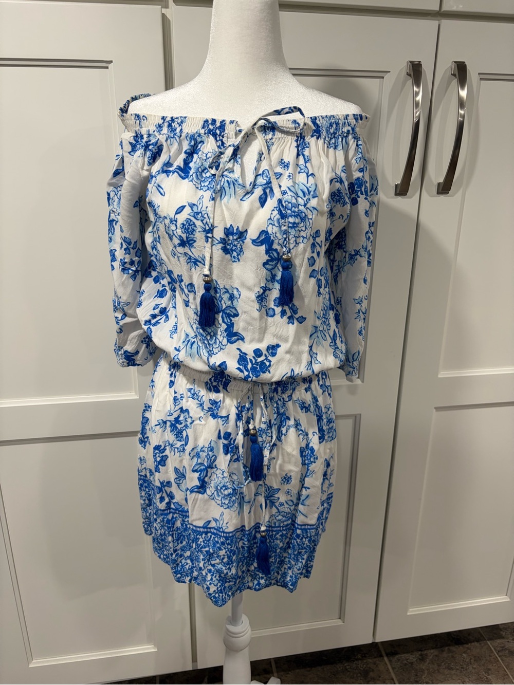 Blue Island Blue & White Floral Off-Shoulder Tunic Dress